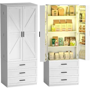 72" LED Kitchen Pantry Cabinet with 3 Drawers Farmhouse Tall Storage Cabinet Wood Food Pantry with Barn Doors and Adjustable